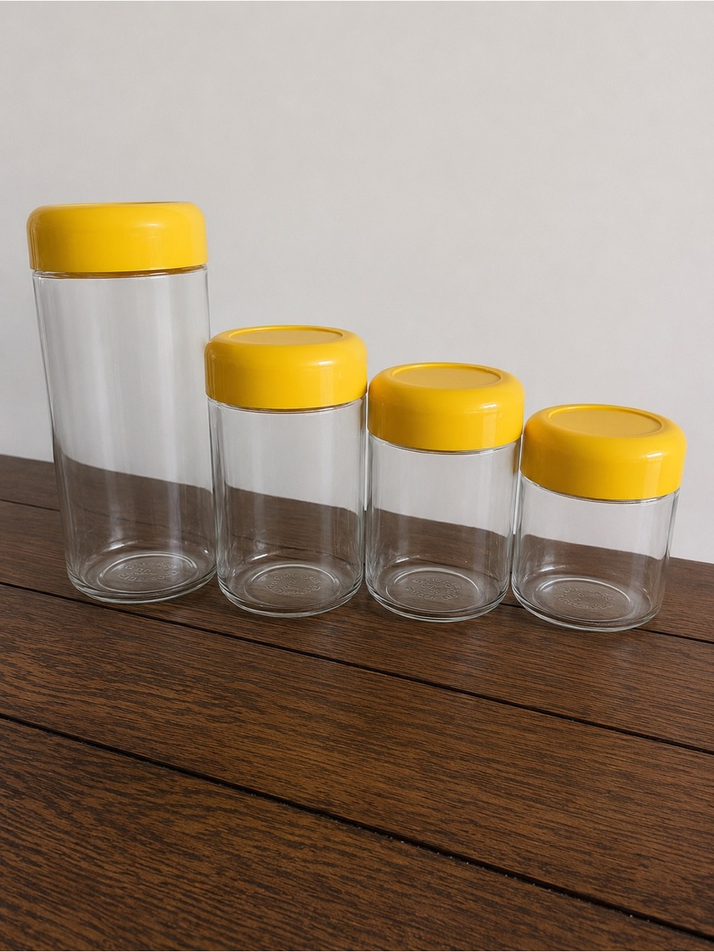 1970s Heller Designs Massimo Vignelli Glass Canisters, Set of 4 Yellow Lid MCM